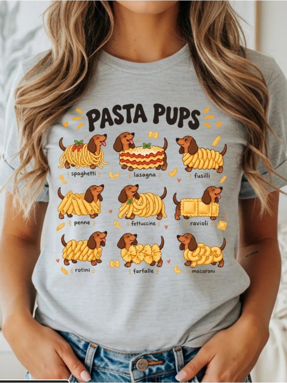 Pasta Pups Graphic Tee - Gray with Yellow Accents
